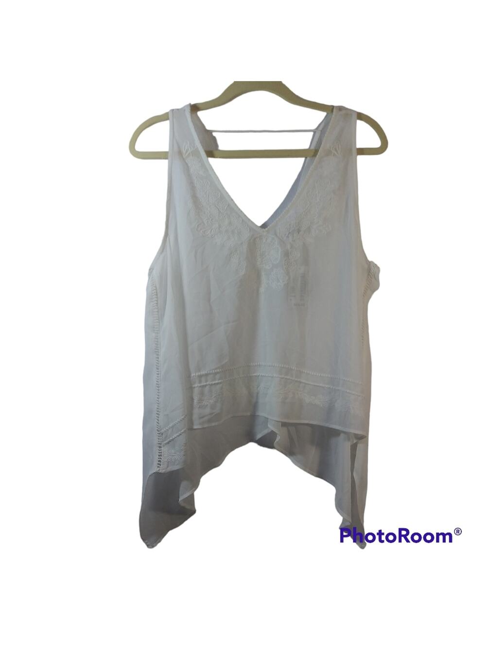 Gazelle White Embroidered Asymmetrical Tank Top Sheer Size M